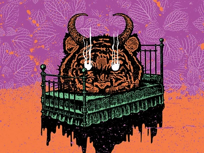 Boo Caught Me Sleepin' bed cat drekker brewing floral horns illustration screenprint sleeping tiger