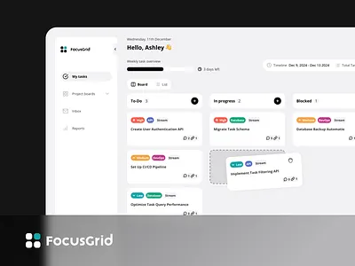 FocusGrid - Task Management Dashboard case study dashboard kanban mobile app planner product management project saas task task app task list task management todo ui uiux design ux web app workspace