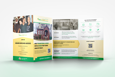 Higher Ground Abodes - Housing Assistance - Bifold Brochure branding brochure canva consulting figma fundraising graphic design information architecture layout design marketing mockup non profit visual design