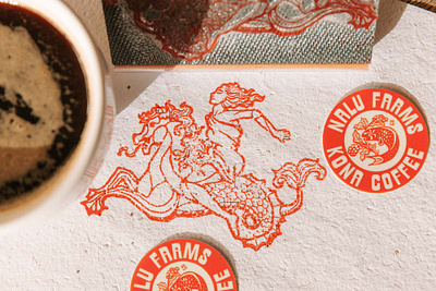 Nalu Farms Branding - Collateral Items americana brand branding coffee custom design drawing farm graphic design hawaii hippocampus house illustration logo plant shop stamp sticker typography woman