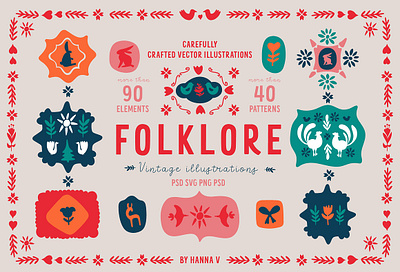 FOLKLORE VINTAGE ILLUSTRATIONS celebration color creative cultural element fabric fashion folk art geometric hand drawn nordic norway ornate plant red scandinavian scandinavian style shape swedish