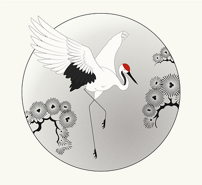 Red crown crane taking flight bird bonsai crane design illustration japanese texture