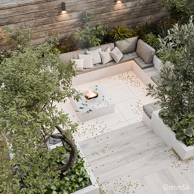 Visualization of the garden and garden seating 3d cozy design gray home visualization