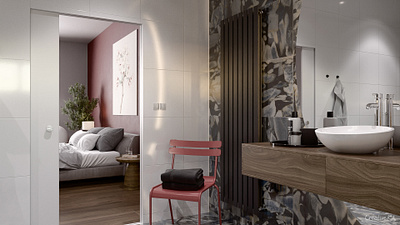 Visualization of bedroom with bathroom 3d cozy design gray home visualization