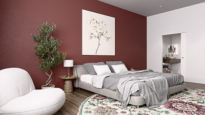 Visualization of bedroom with bathroom 3d cozy design gray home visualization