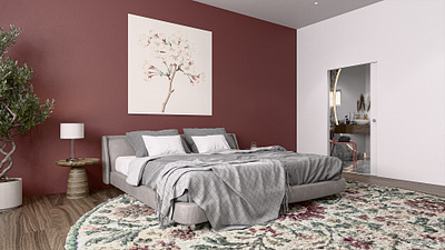 Visualization of bedroom with bathroom 3d cozy design gray home visualization