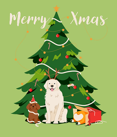 Merry Xmas character christmas corgi design dog golden graphic green illustration pastel pet retriever tree vector xmas