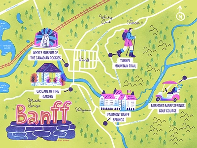 Banff Illustrative Map activities art banff character city colorful design flat guide icons illustration illustrative map illustrator locations map mountains spots tour