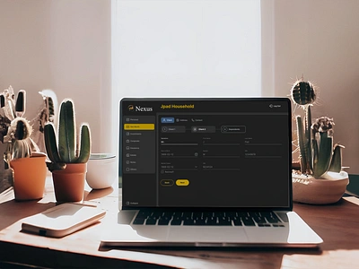 Nexus CRM Design black branding crm darkmode darkui formdesign formfield gold graphic design gui laptopmockup laptopontable logingradient logo multipleformfield multistepform multistepformdesign nexusinnova tabledesign ui