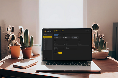 Nexus CRM Design black branding crm darkmode darkui formdesign formfield gold graphic design gui laptopmockup laptopontable logingradient logo multipleformfield multistepform multistepformdesign nexusinnova tabledesign ui