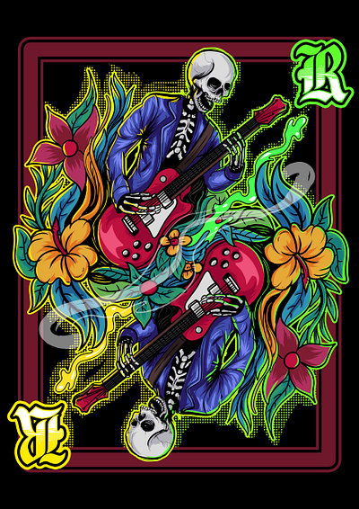 Rock N Roll Till The End album beach concert cover design floral graphic guitar illustration music poster rock rocknroll skeleton skull tropical