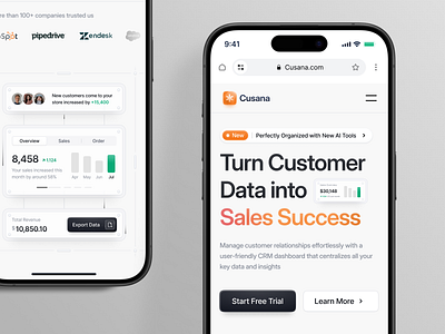 Responsive Saas Hero Section - CRM Dashboard (Cusana) 🧩 chart clean crm customer relationship management design graph header hero hero section illustration infographics minimalist mobile responsive saas saas landing page saas website section ui ux