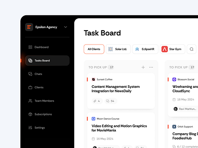 Epsilon • Subscription-based Agency Dashboard app concept dashboard figma kanban minimalist project management saas ui ux ux design web design