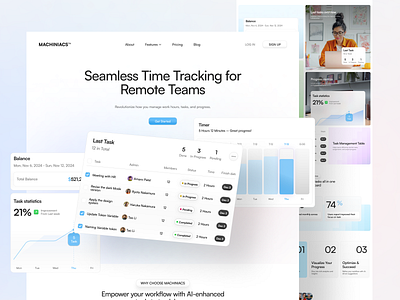 MACHINIACS - Time Tracker Platform Website analytics calendar landing page meetings saas saas website scheduling task time management tools time tracker time tracker website time tracking uiux web web design website website design