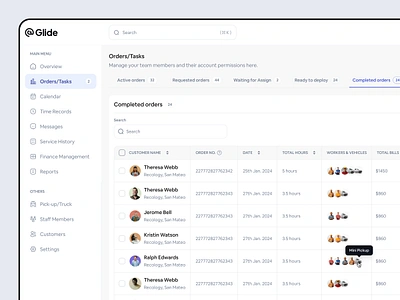 Glide Movers & Truck - Completed orders delivery service filllo design glide landing page moving service on demand service order page saas design