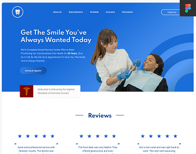 Dentist Landing Page - Figma Template braces branding dentist design figma template freebie icons illustration insurance landing page molar oral surgery reviews teeth tooth ui website website design