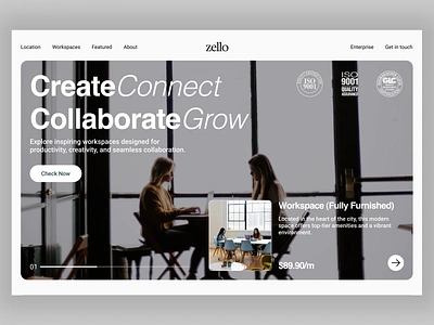 Zello - Reinventing Office Workspace branding minimal office officerental officespace sparx sparxit sparxitsolutions.com ui virtualoffice webdesign website zello