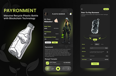 Payronment Recycle with Blockchain app blockchain bottle crypto cryptocurrency darkmode decentralizedfinance defi graphic design green mobile mobileapp technology ui website