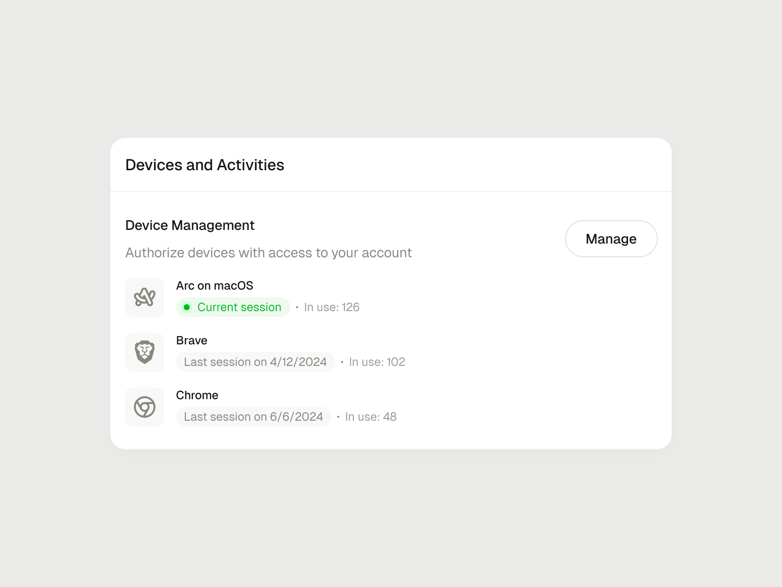 Device Management activity management card ui clean dashboard settings design system device management settings settings page ui ui component ui components ui design user interface