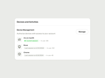 Device Management activity management card ui clean dashboard settings design system device management settings settings page ui ui component ui components ui design user interface