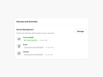 Device Management activity management card ui clean dashboard settings design system device management settings settings page ui ui component ui components ui design user interface