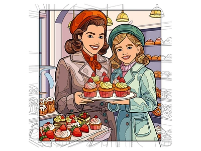 Vector illustration for a mobile app. Coloring. Confectionery advertising art branding buns coloring confectionery cream croissants cupcakes daughter delicacies design digital art graphic design illustration mobile app mom pastel colors strawberries vector