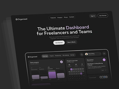 Landing Page for a Work Organizing Web App concept dark dark theme design landing landing page organizer ui uiux ux web web app web design webdesign website work organizer