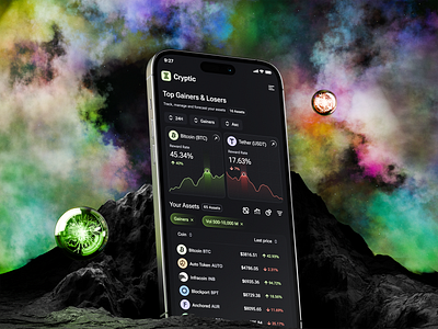 Crypto Dashboard - Cryptic - Home/Portfolio 3d analytics banking branding charts components crypto crypto dashboard crypto mobile dashboard futuristic graphic design home mobile app mobile dashboard mobile design mobile home trading ui web3