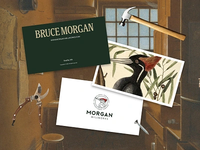 Morgan Millworks: Logo Application bird branding business card geometric graphic design line lineart logo logo design monoline post card stationery woodpecker