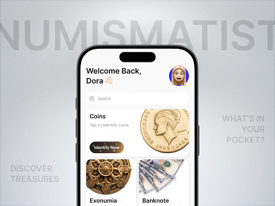 Numismatist: Uncover the Value of Your Collection 🪙 ai app design coins app coins id identification mobile money treasures ui ux