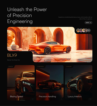 Dark Hero section for Framer built with Frameblox UI kit bento car cards cta dark future grid header headline hero landing orange ui ui design webdesign website