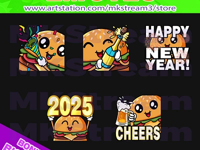 Twitch emotes cute burger happy new year pack 2025 animated emotes anime burger burger emoji burger emotes burger stickers burgers cheers cute design emotes hamburger happy new year illustration new year new year emoji new year emotes sub badge twitch emotes