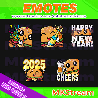 Twitch emotes cute burger happy new year pack 2025 animated emotes anime burger burger emoji burger emotes burger stickers burgers cheers cute design emotes hamburger happy new year illustration new year new year emoji new year emotes sub badge twitch emotes