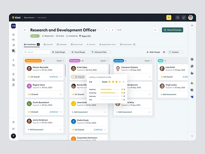 Tiimi - Candidates' Kanban View in a SaaS HR Management Platform candidate employee hiring hr hrd hrm hrms hrs job kanban view product design recruitment saas saas design staff management team management ui ux web app web design