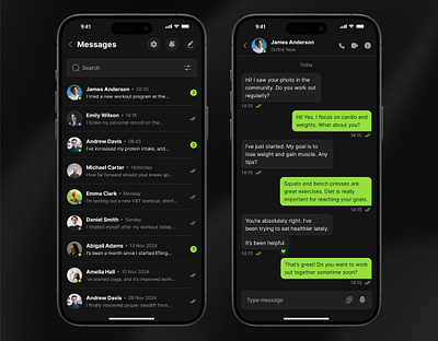 Dark Mode UI Design for Fitness App - Messages & Chat Screens ✨