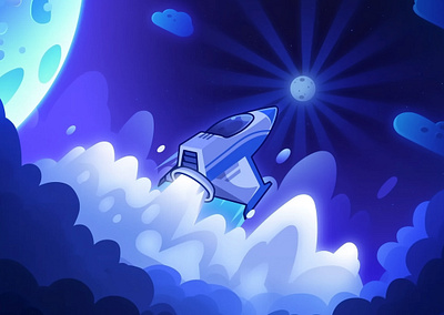 MooWin Casino: Crash game (Promo art 2) 2d 2d illustration art cartoon style casino game crash crash game cute cyberpunk futurism game illustration moon orbit promo rocket space stars takeoff vector