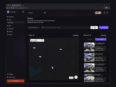 Lux Transport - Tracking Dashboard bus car dark mode dashboard design location logistic maps minimalist rent ride sidebar tracking transport truck ui ux web design website