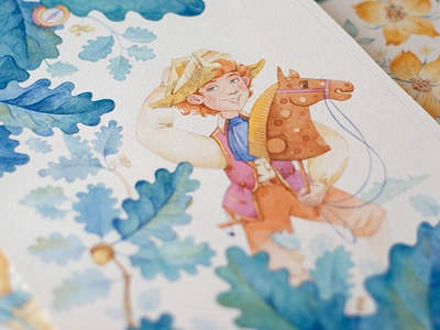 Classic Watercolor Illustration analogue book book illustration boy character cheerfull children face game horse leaves nature on paper play portrait scanned smile traditional watercolor watercolour