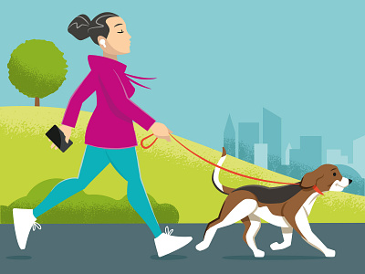 GYSS – Dogwalking fundraiser illustration beagle city skyline dog exercise challenge fundraising illustration park retro strolling urban vector walking