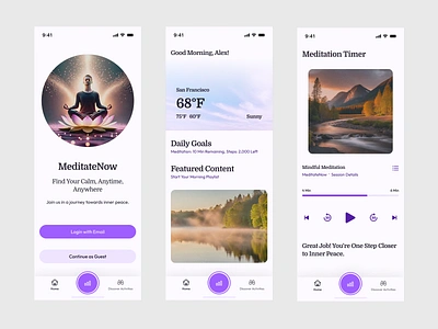 Meditate App Design calmu cleanui ipastelgradient meditationapp mindfulnessdesign minimaldesign mobileappdesign relaxationapp softgradients uiuxdesign userinterface wellnessapp