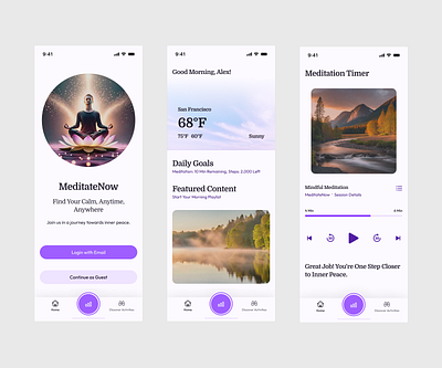 Meditate App Design calmu cleanui ipastelgradient meditationapp mindfulnessdesign minimaldesign mobileappdesign relaxationapp softgradients uiuxdesign userinterface wellnessapp