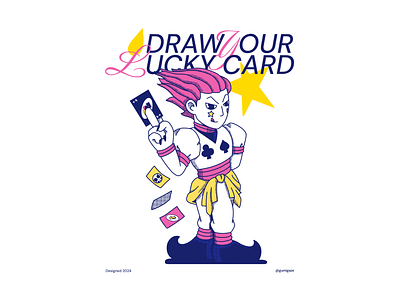 Hisoka 🃏♣️♠️♥️♦️ anime blue branding card commission fanart fashion graphic design hisoka hunter x hunter illustration joker pink poker pop culture poster retro vibrant white yellow