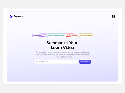 Loom video summarizer gradient hero section layout design loom video summarizer step by step ui design