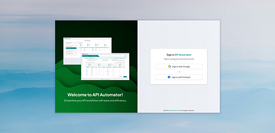 API Automator - Sign on page ai api branding dashboard design figma green login signon social account social media ui ux