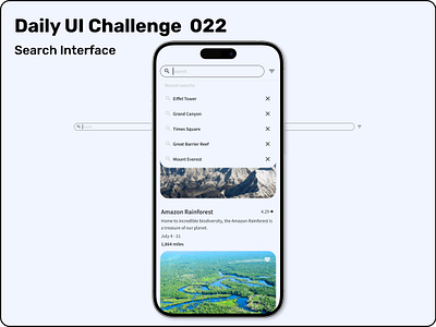 Challenge #022 - Search Interface | Daily UI cleandesign dailyui designinspiration dropdownmenu interactiveui interfacedesign intuitivedesign minimaldesign mobileappdesign mobileui modernui recentsearches searchbar searchdesign travelapp travelinterface uichallenge userexperience uxdesign visualdesign