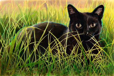 Black cat on the grass realistic portrait drawing blackcat cat catdrawing catportrait catrealisiticdrawing catrealisticportrait coloredpencils watercolor