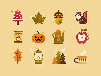 Autumn pt.2: Autumn's cozy little Adventures apple autums camp icon iconography illustration jam kettle lantern leaf mug mushroom night pumpkin season sky trees warm woods worms