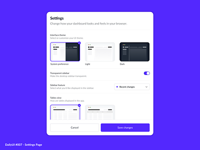 Settings Page 007 controls daily dailyui dailyui007 design edit light minimal mode page purple settings ui ux