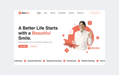 Zentist - Dental Health Clinic Landing Page Website [ Hero ] branding care clean clinic creative dental design graphic design health hospital illustration landing page logo minimalism pink red ui ux website zentist