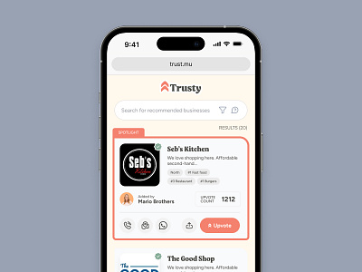 Trusty | Home Page branding businesses community friends icon saas search search for business ui user experience